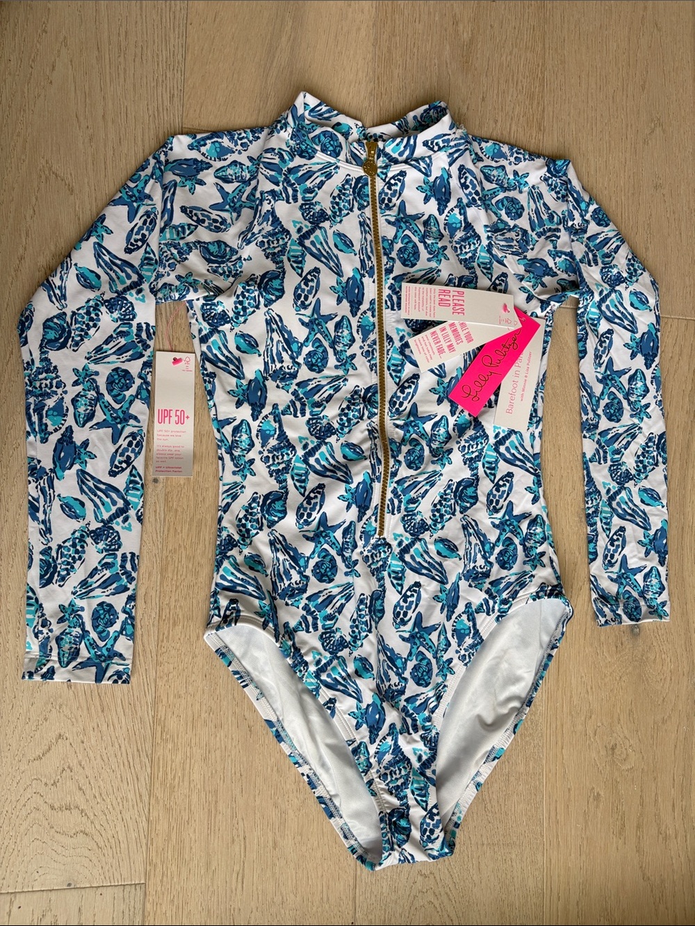 Lilly Pulitzer Womens’Long Sleeve Rashguard One-Piece - White & Blue Shell Print